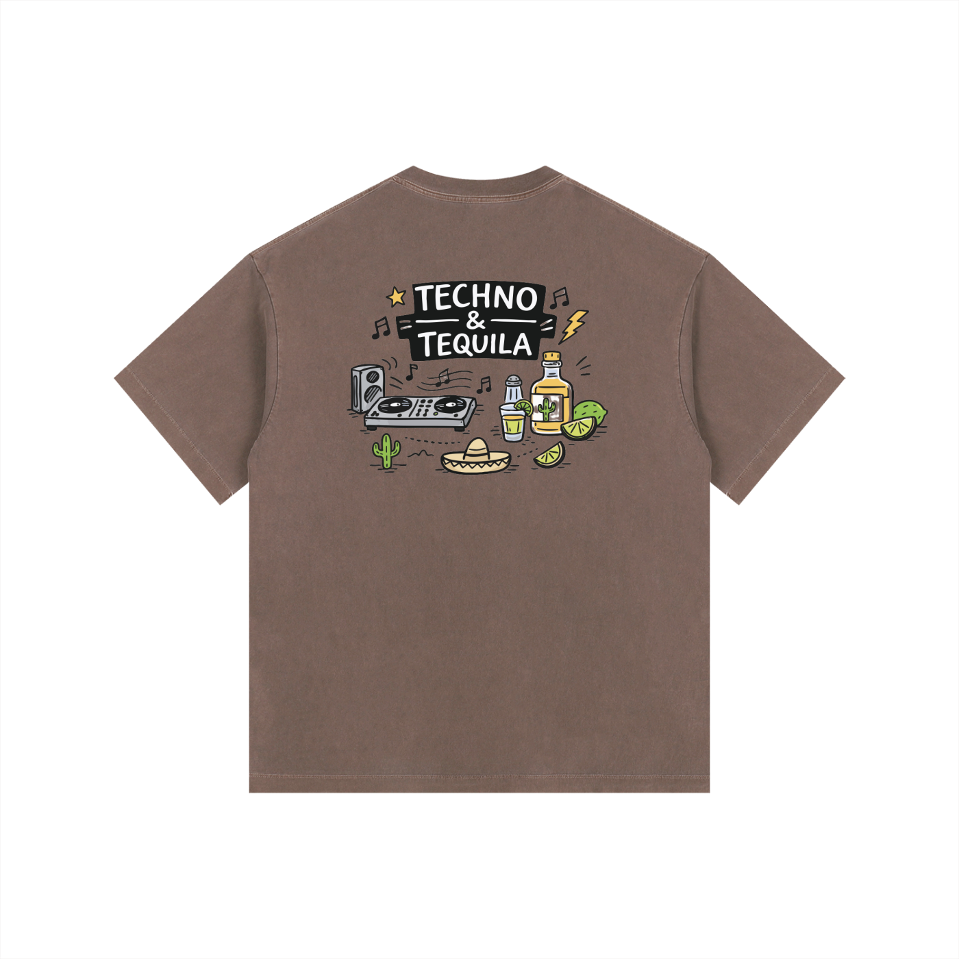 Techno & Tequila Oversized T-Shirt in Coffee detail view by Rave Uniform