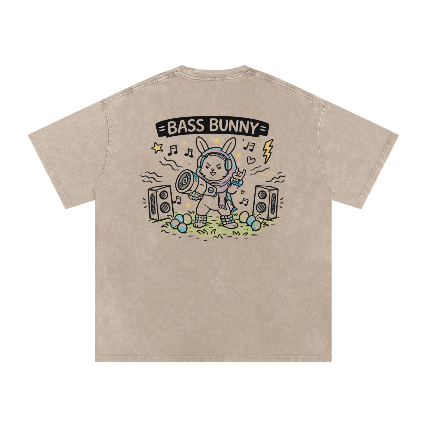 Bass Bunny Oversized Vintage T-Shirt in Khaki Ash detail view by Rave Uniform