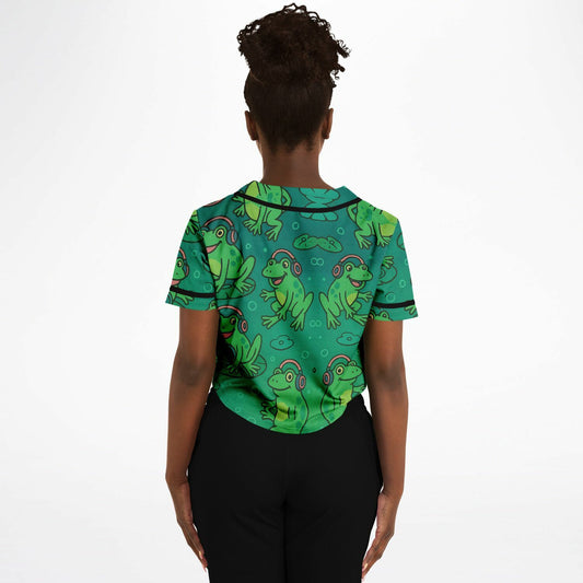 Bass Frog Cropped Baseball Jersey, back, on model