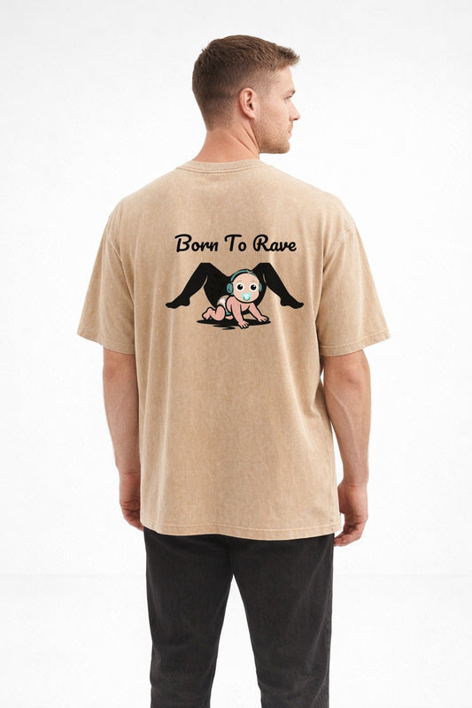 Born To Rave Oversized Vintage T-Shirt Apricot back graphic exact-design model mockup realistic scale