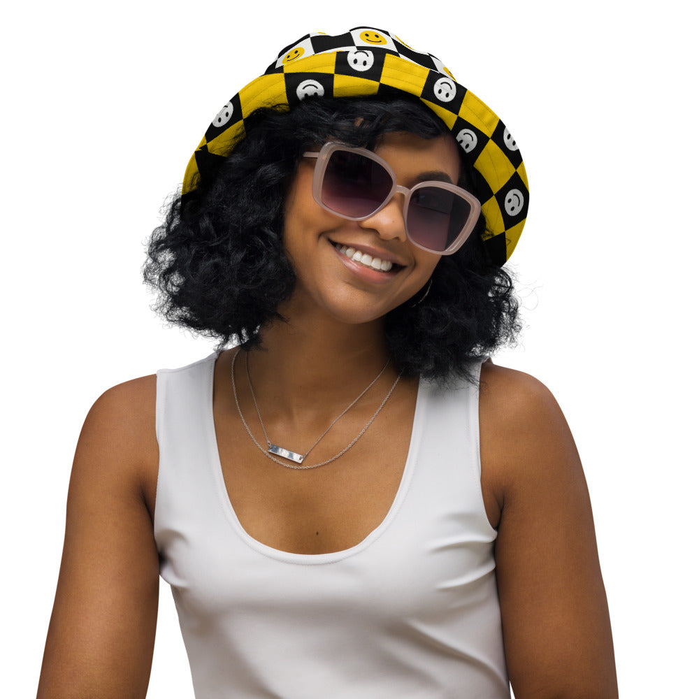 Smiley Checker Reversible Bucket Hat on a model, view 2