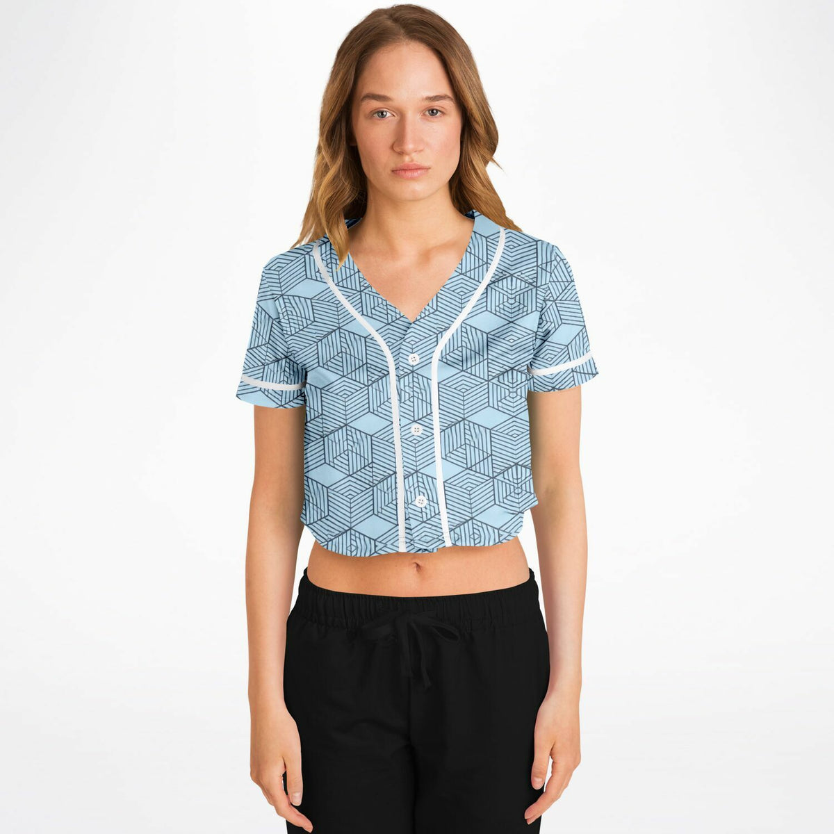 Geometric Cubes Cropped Baseball Jersey, front, on model