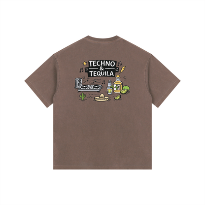 Techno & Tequila Oversized T-Shirt in Coffee detail view by Rave Uniform