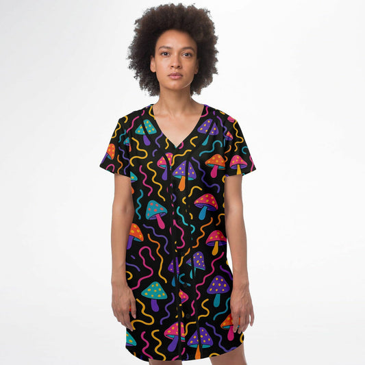 Mushroom Confetti Baseball Jersey Dress, front, on model