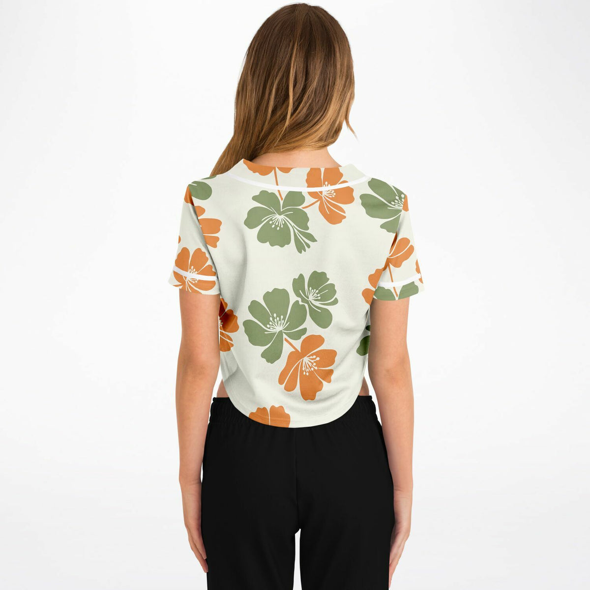 Floral Breeze Cropped Baseball Jersey, back, on model