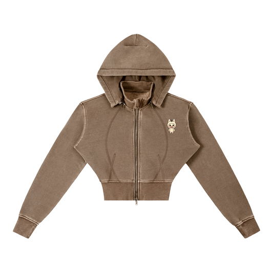 Labubu Cropped Fleece Hoodie in Coffee by Rave Uniform
