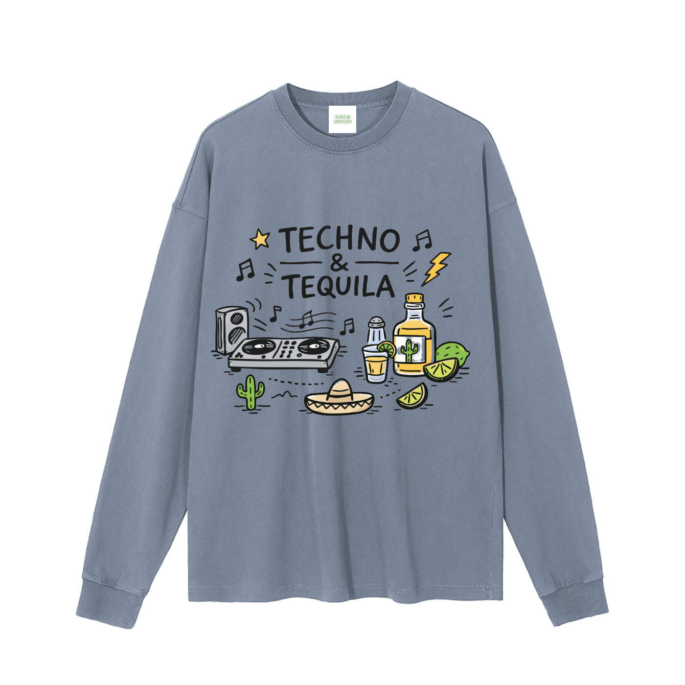 Techno & Tequila Long Sleeve T-Shirt in Gray Blue by Rave Uniform
