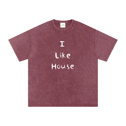 I Like House Oversized Vintage T-Shirt in Red detail view by Rave Uniform