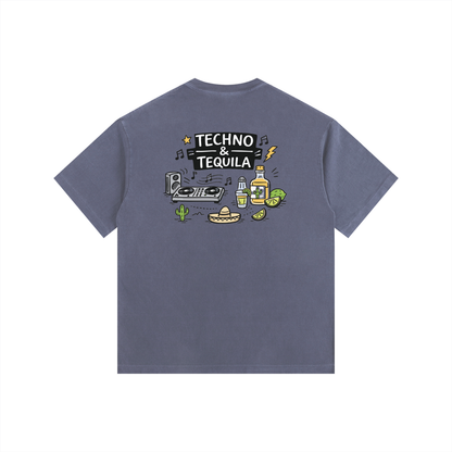 Techno & Tequila Oversized T-Shirt in Navy Blue detail view by Rave Uniform