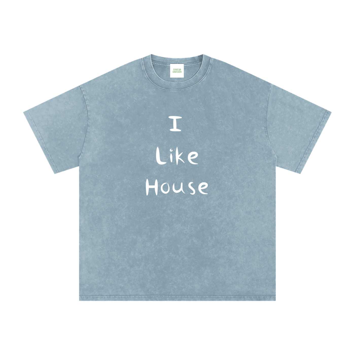 I Like House Oversized Vintage T-Shirt in Blue Jeans detail view by Rave Uniform