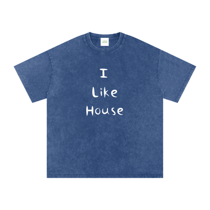 I Like House Oversized Vintage T-Shirt in Dark Blue detail view by Rave Uniform