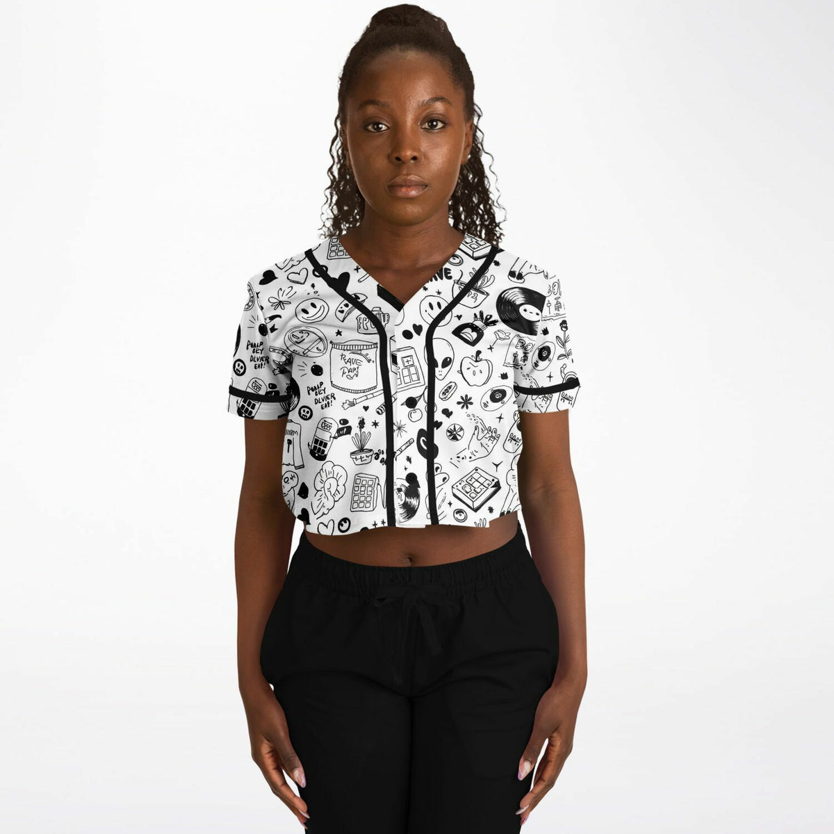 Stoner Doodles Inverted Cropped Baseball Jersey, front, on model