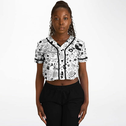 Stoner Doodles Inverted Cropped Baseball Jersey, front, on model