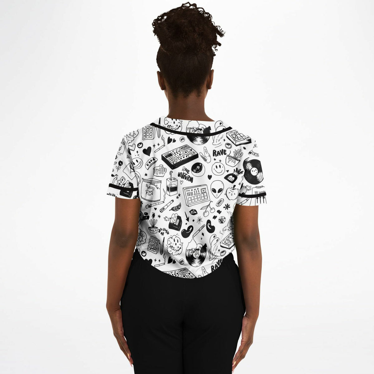 Stoner Doodles Inverted Cropped Baseball Jersey, back, on model