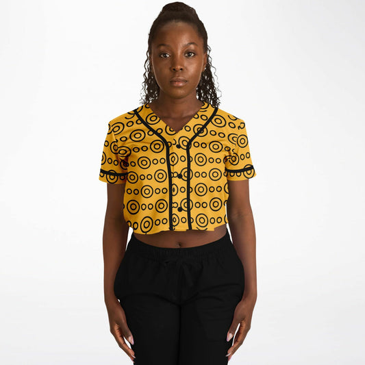 Yellow Eyes Cropped Baseball Jersey, front, on model