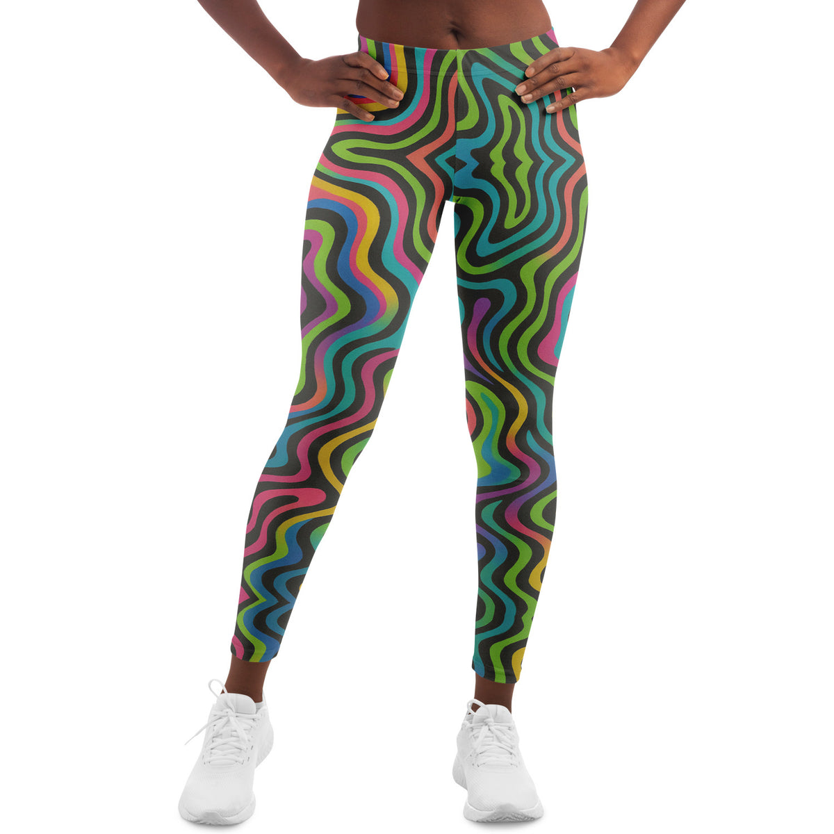 Psychedelic Drapes Leggings, front, on model