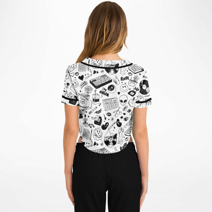 Stoner Doodles Inverted Cropped Baseball Jersey, back, on model
