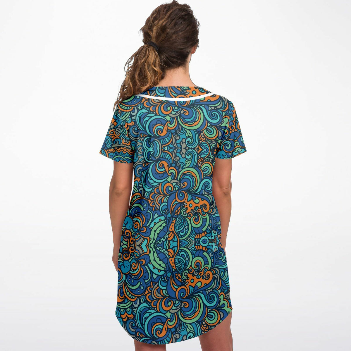 Tropical Island Baseball Jersey Dress, back, on model