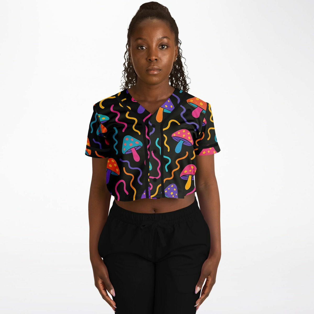 Mushroom Confetti Cropped Baseball Jersey, front, on model