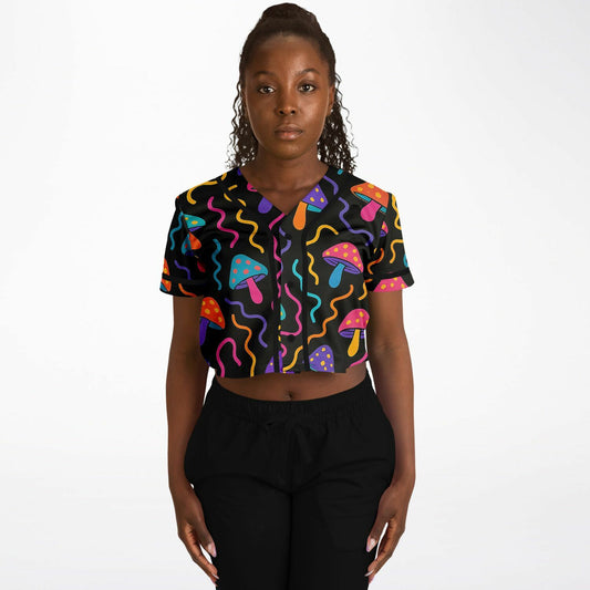 Mushroom Confetti Cropped Baseball Jersey, front, on model
