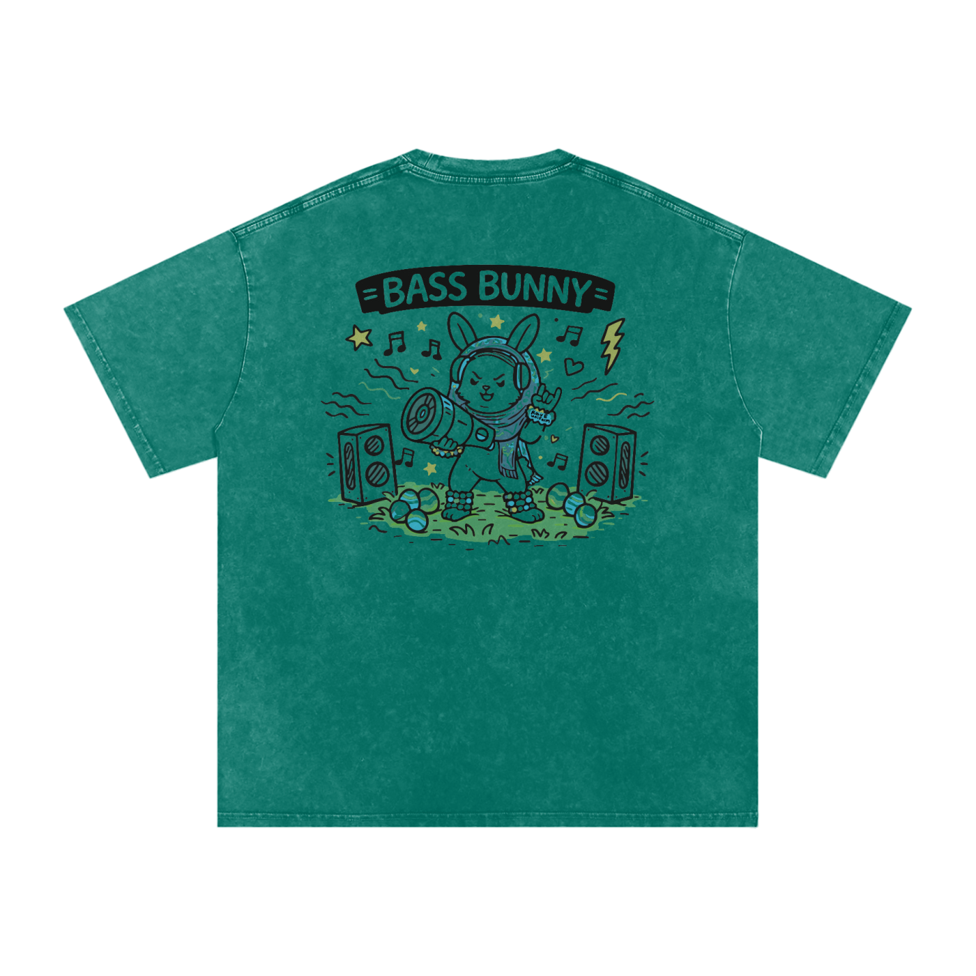 Bass Bunny Oversized Vintage T-Shirt in Dark Green detail view by Rave Uniform