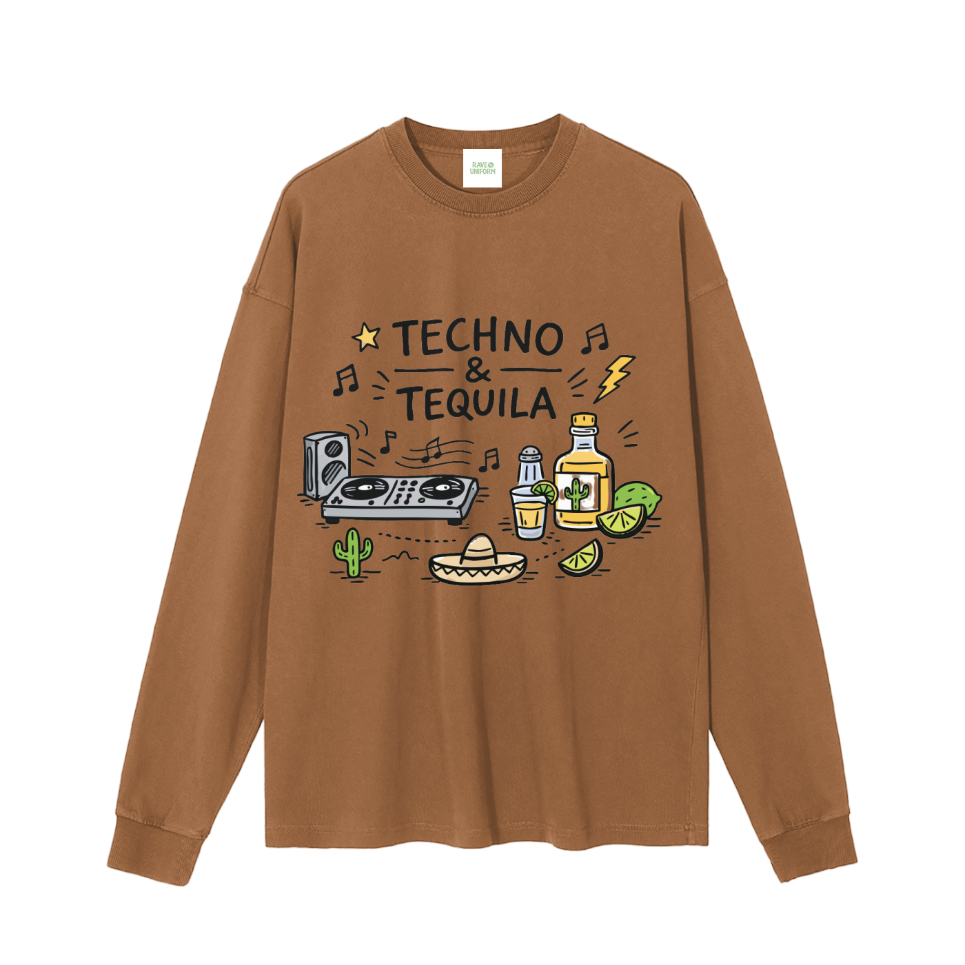 Techno & Tequila Long Sleeve T-Shirt in Mocha by Rave Uniform