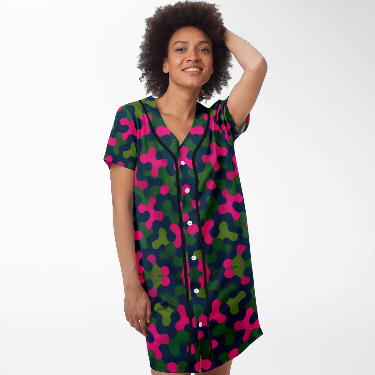 Rave Camo Baseball Jersey Dress, front, on model