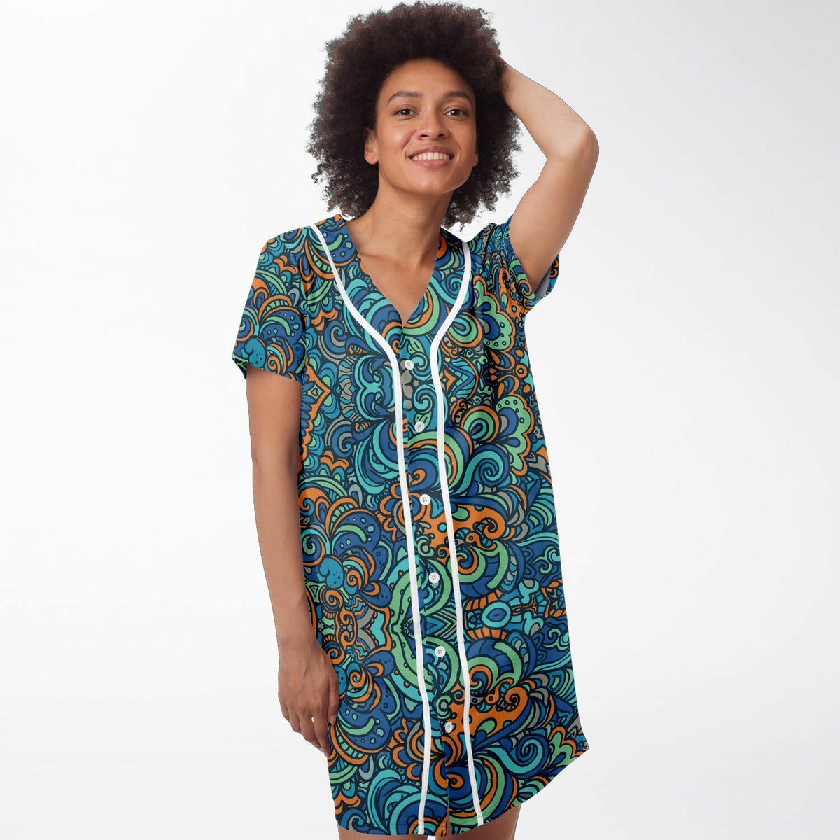 Tropical Island Baseball Jersey Dress, front, on model