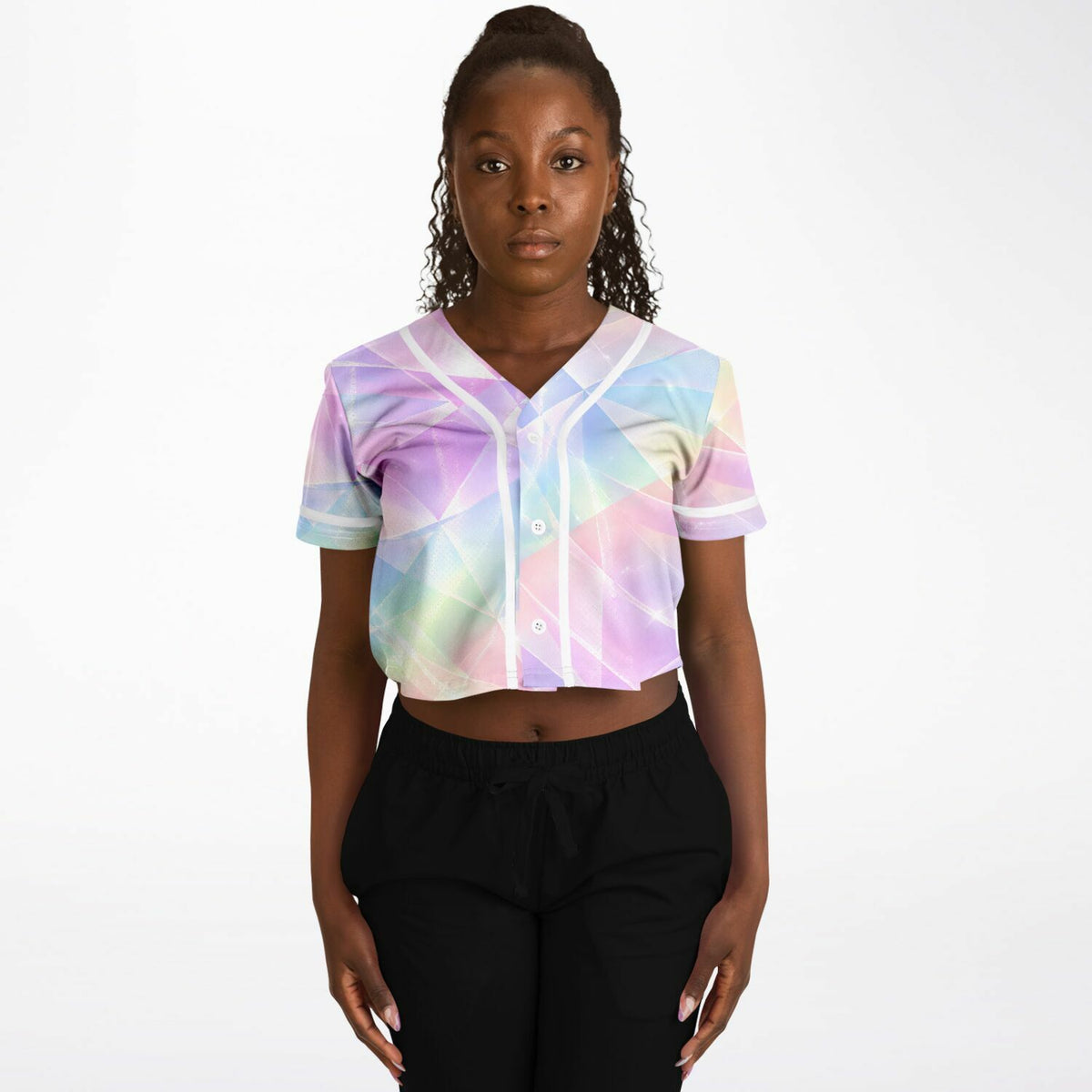 Sherbert Kaleidoscope Cropped Baseball Jersey, front, on model