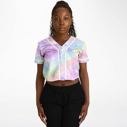 Sherbert Kaleidoscope Cropped Baseball Jersey, front, on model