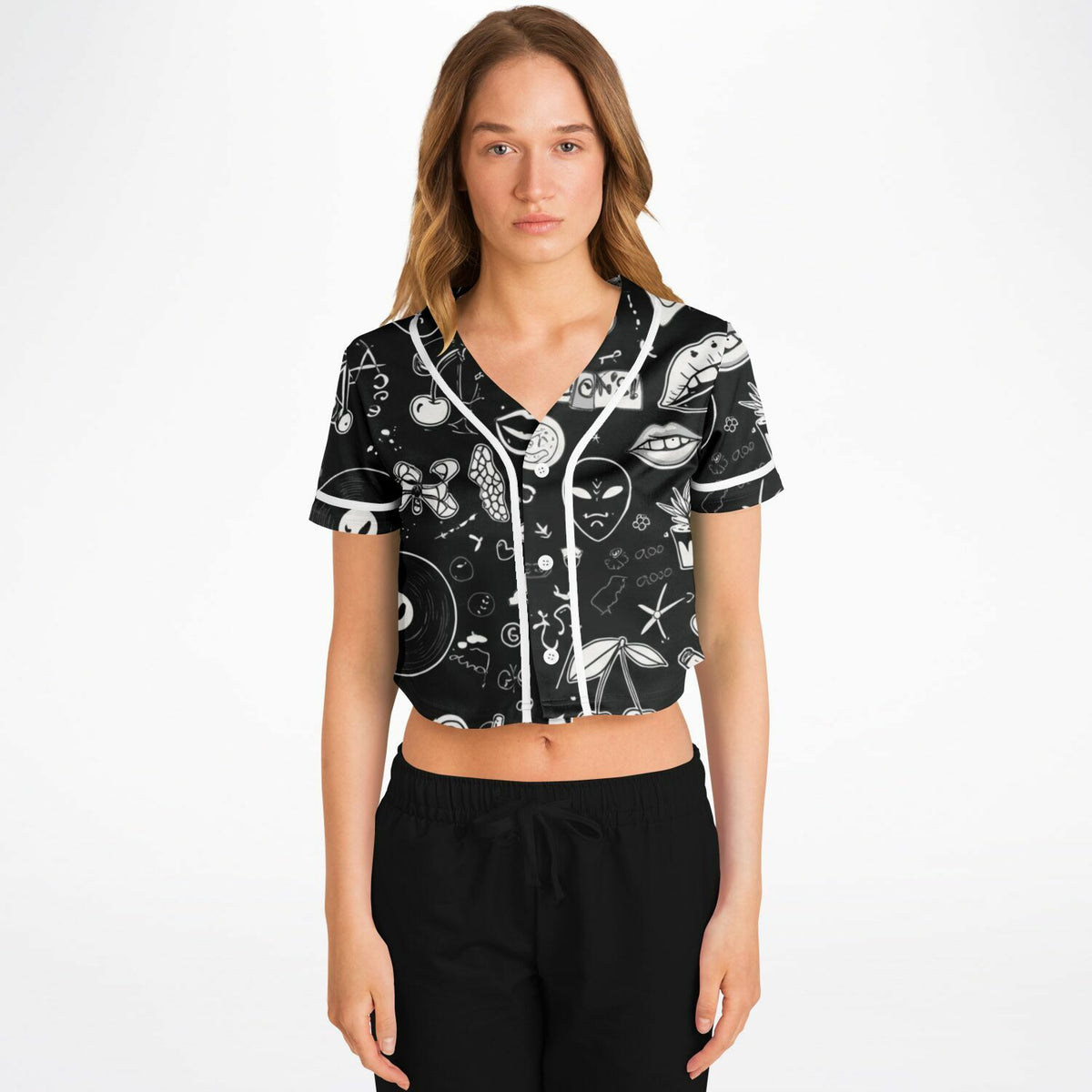 Stoner Doodles Cropped Baseball Jersey, front, on model