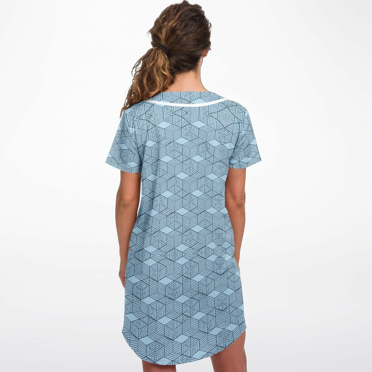 Geometric Cubes Baseball Jersey Dress, back, on model