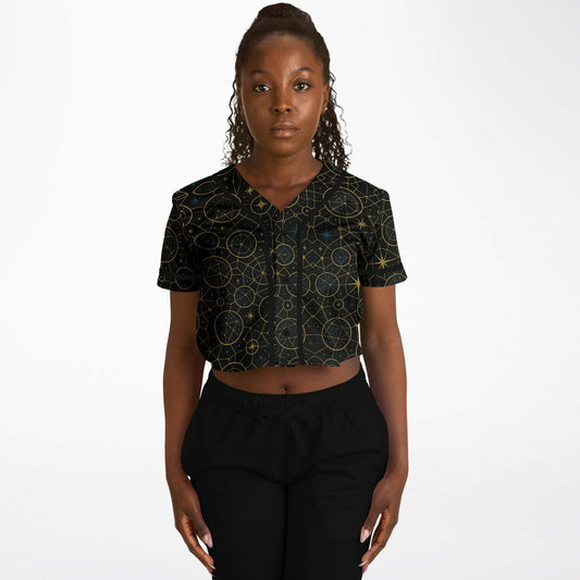 Constellation Cropped Baseball Jersey, front, on model