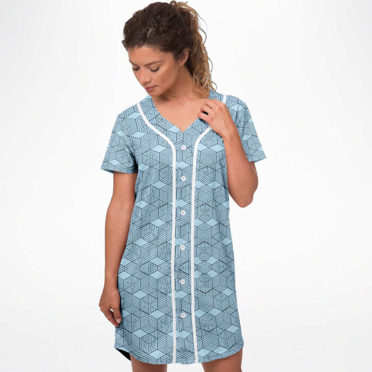 Geometric Cubes Baseball Jersey Dress, front, on model