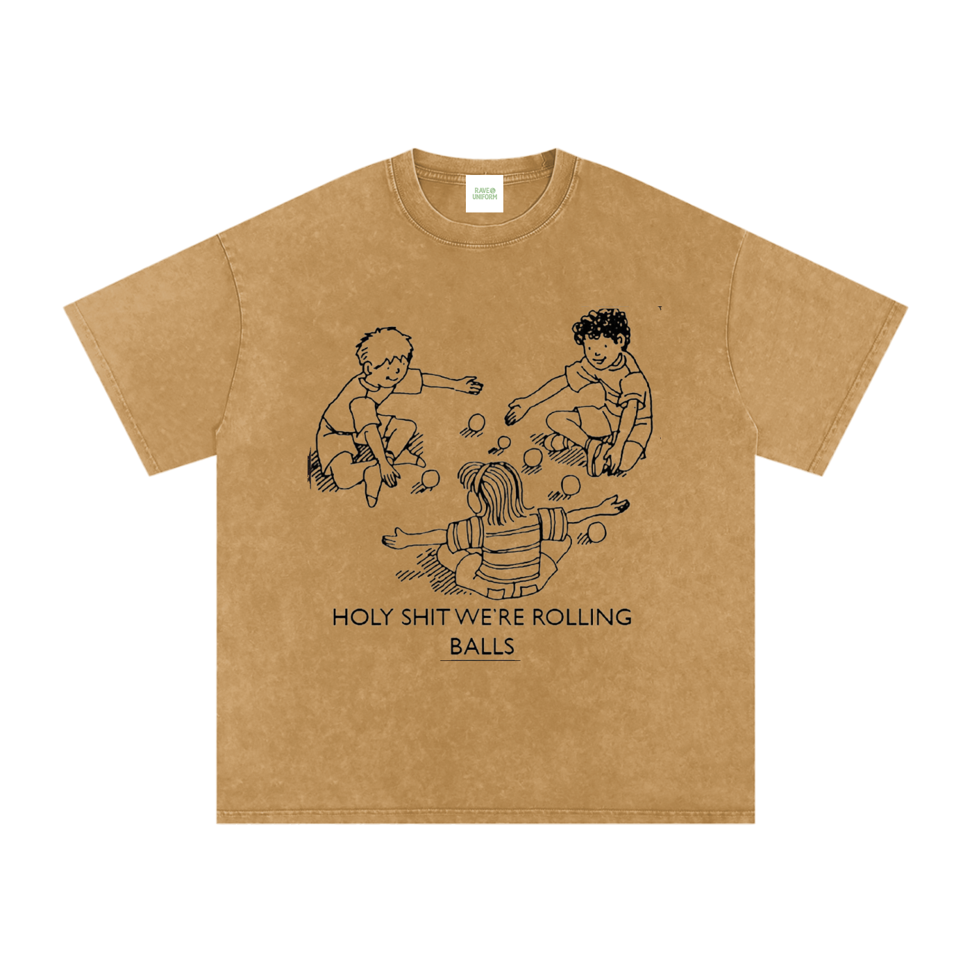 Rolling Balls Oversized Vintage T-Shirt in Light Brown detail view by Rave Uniform