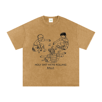 Rolling Balls Oversized Vintage T-Shirt in Light Brown detail view by Rave Uniform