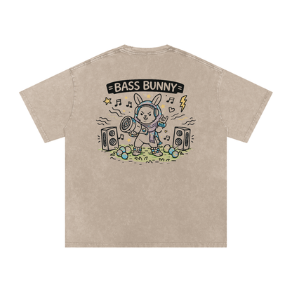 Bass Bunny Oversized Vintage T-Shirt in Khaki Ash detail view by Rave Uniform