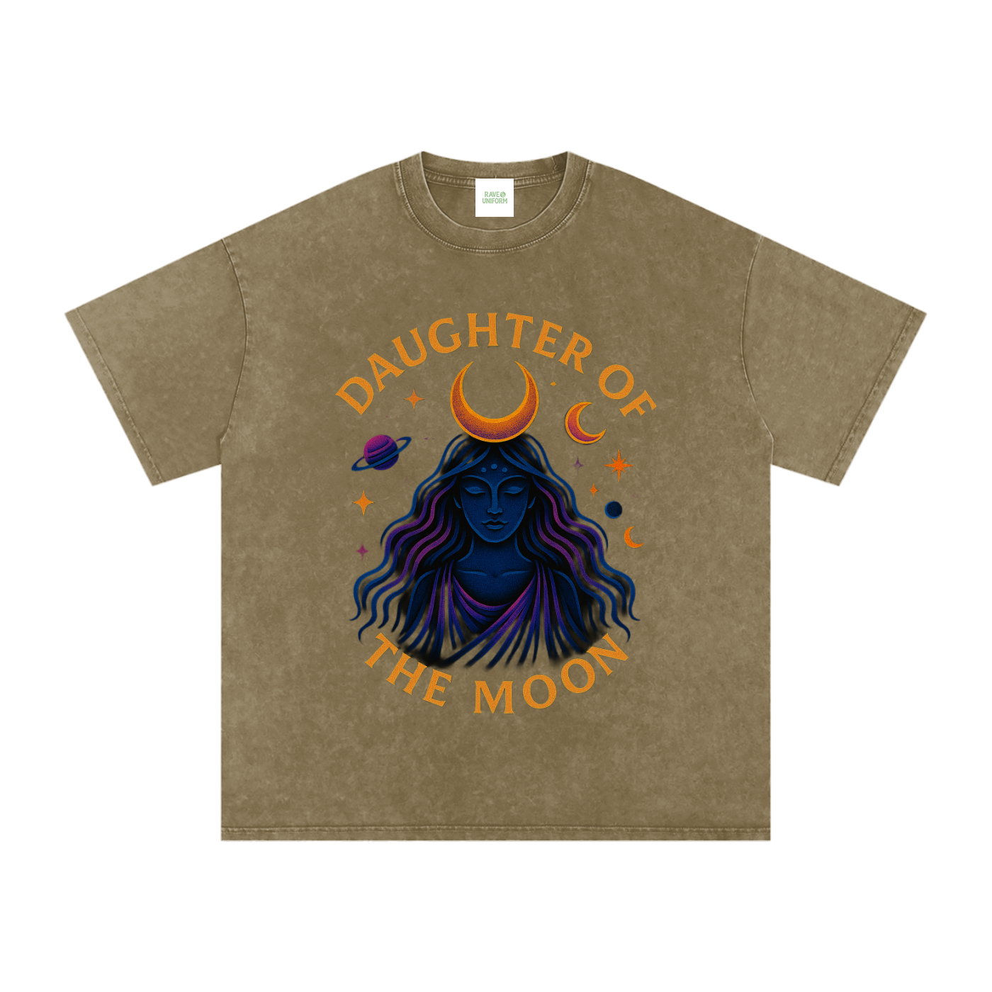 Daughter of The Moon Oversized Vintage T-Shirt in Gray Green detail view by Rave Uniform