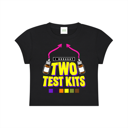 Two Test Kits Baby Tee in Black, front with the print