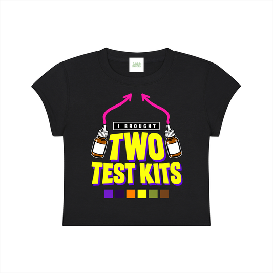 Two Test Kits Baby Tee in Black, front with the print
