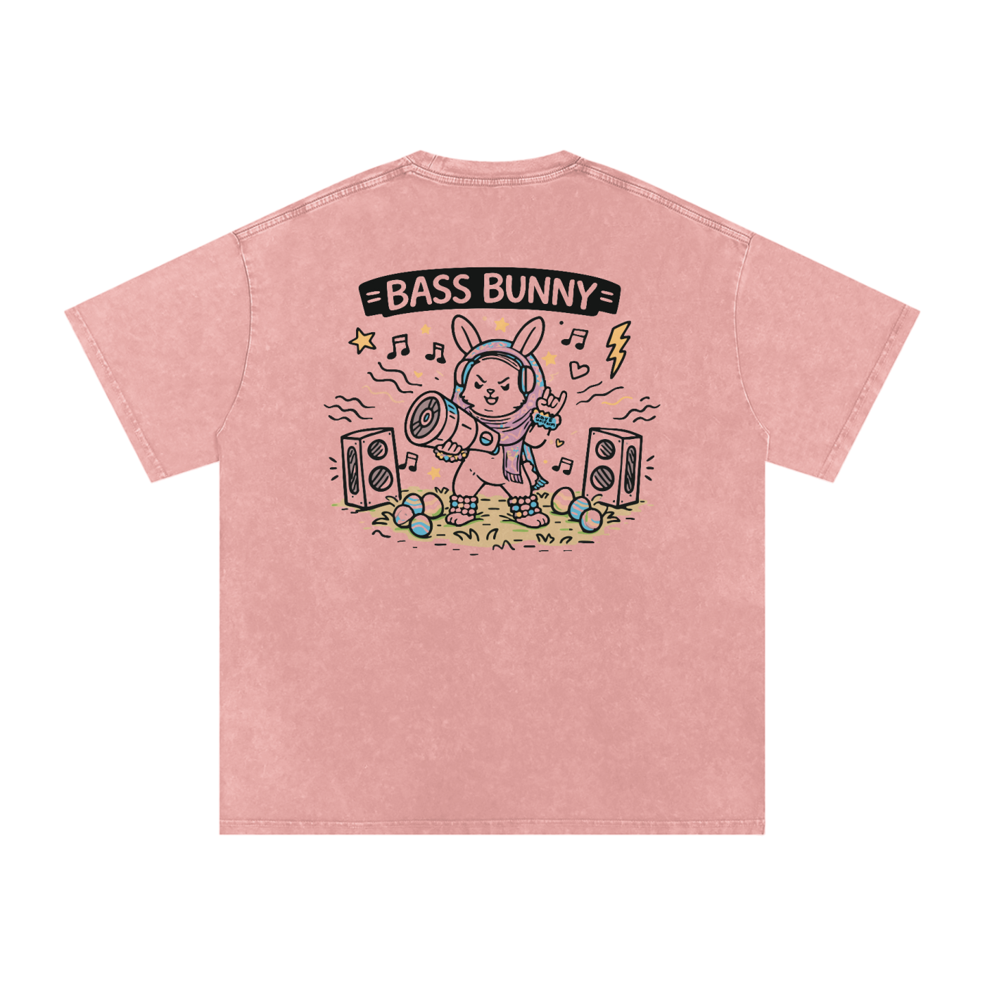 Bass Bunny Oversized Vintage T-Shirt in Light Pink detail view by Rave Uniform