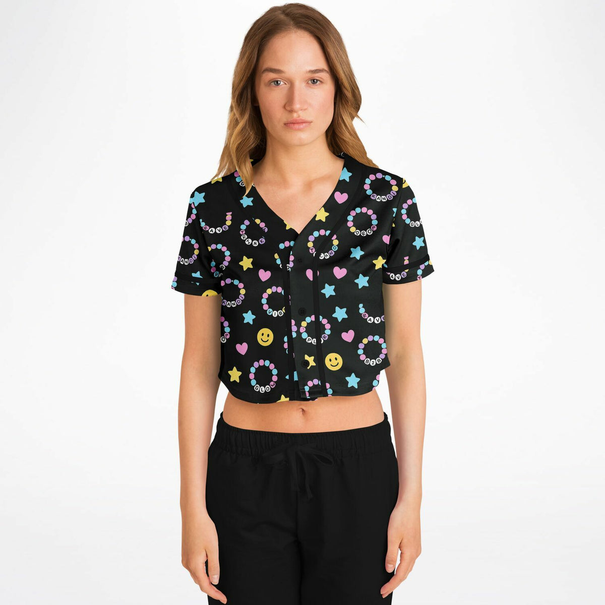 Kandi Cropped Baseball Jersey, front, on model
