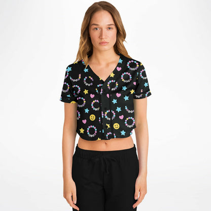 Kandi Cropped Baseball Jersey, front, on model