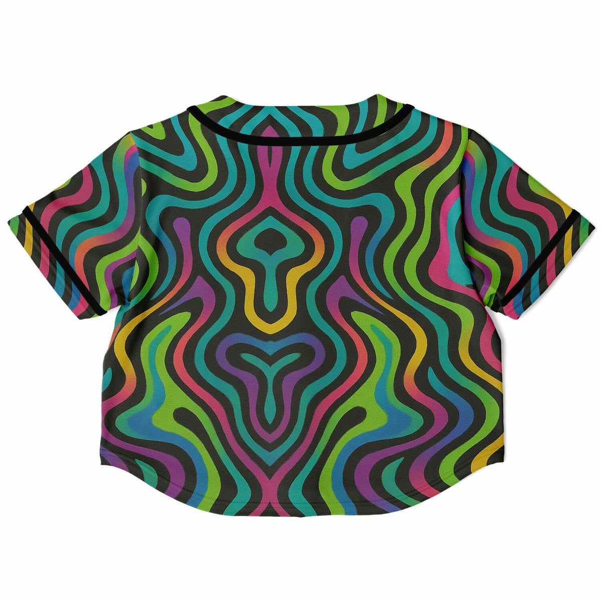 Psychedelic Drapes Cropped Baseball Jersey, back, flat lay