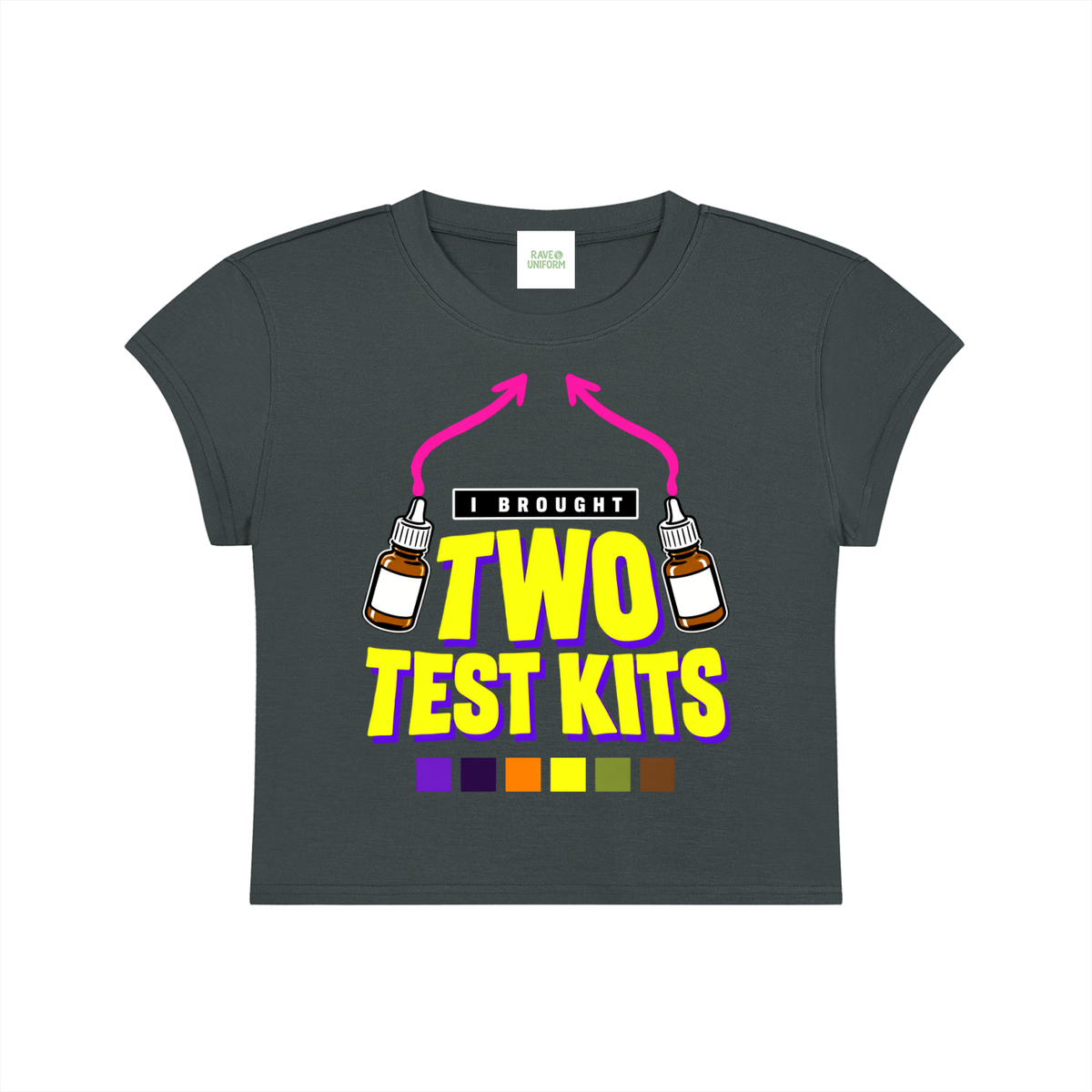 Two Test Kits Baby Tee in Dark Gray, front with the print