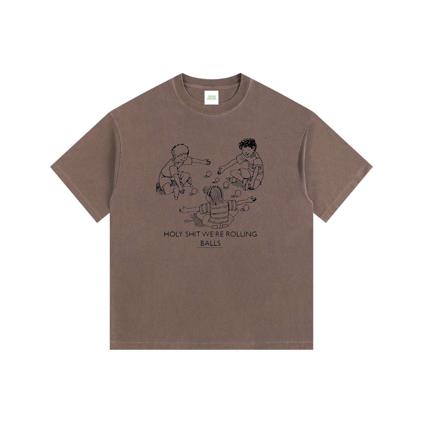 Rolling Balls Oversized T-Shirt in Coffee detail view by Rave Uniform