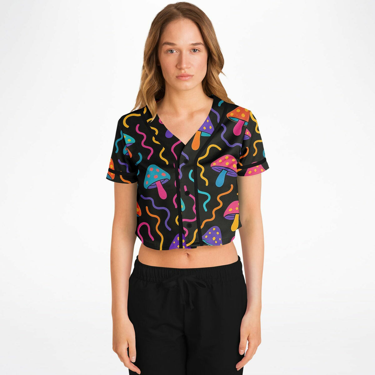 Mushroom Confetti Cropped Baseball Jersey, front, on model