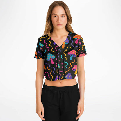 Mushroom Confetti Cropped Baseball Jersey, front, on model