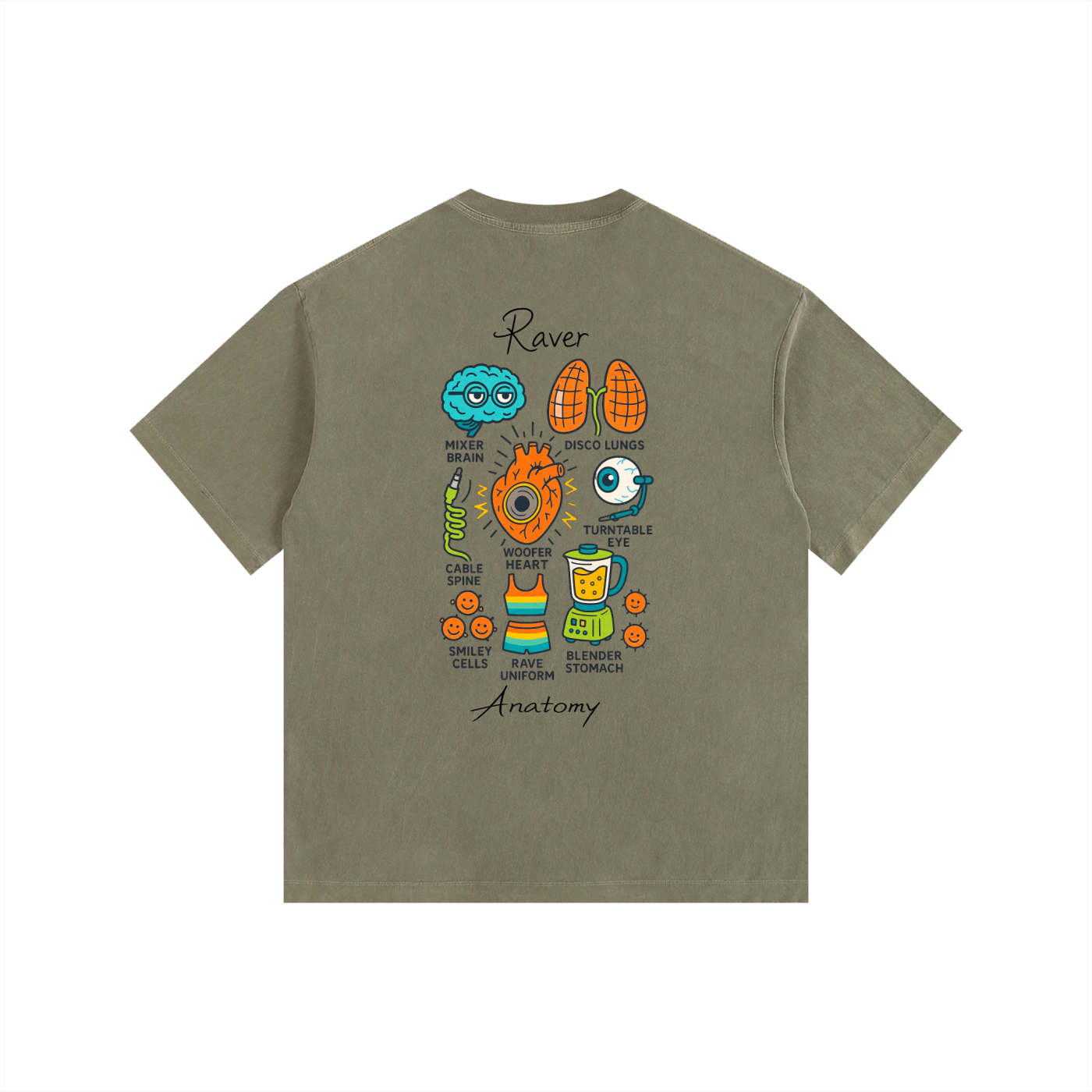 Raver Anatomy Oversized T-Shirt in Army Green alternate view by Rave Uniform