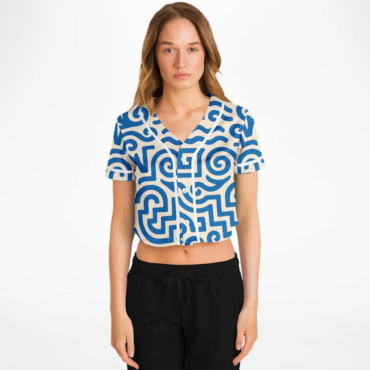 Greek Isles Cropped Baseball Jersey, front, on model